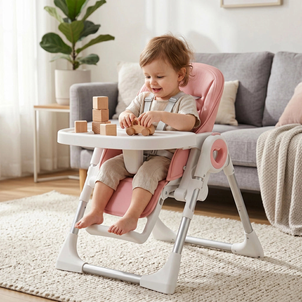 Seggiolone Pappa Pieghevole per Bambini 6-36 Mesi con Altezza Regolabile, Doppio Vassoio Lavabile, Ruote, Rosa