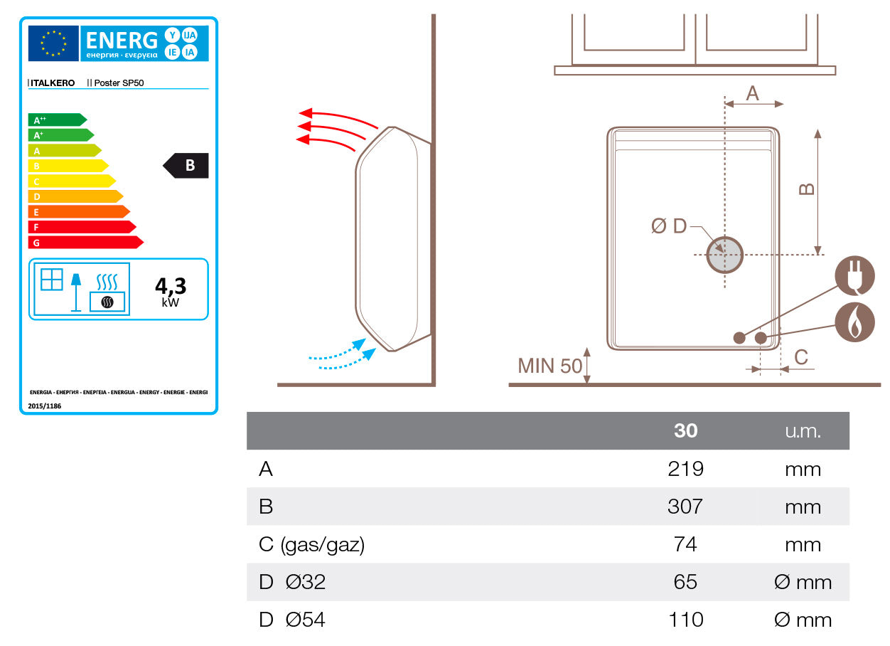 Stufa a Gas Metano 68,5x22,5x58,5 cm Italkero Poster SP 50 Bianco