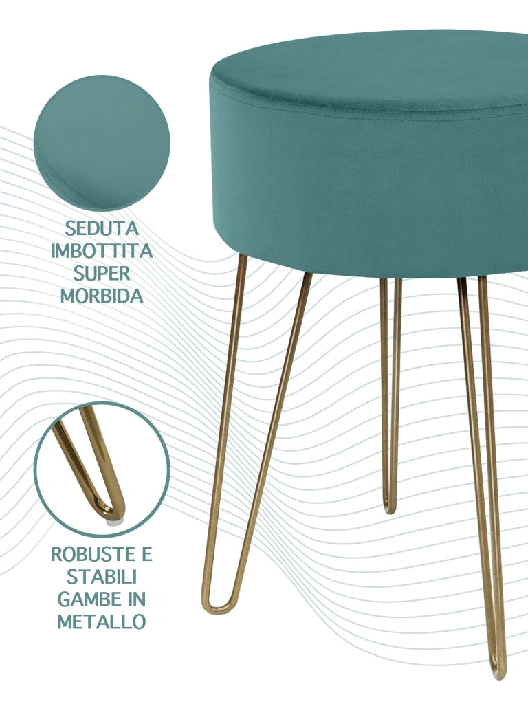 Pouf Poggiapiedi In Velluto Con Gambe Dorate Elegante Imbottito Sgabello Per Toeletta Mobile Trucco Ottomano Ingresso Tavolino Camera Da Letto Soggiorno Salotto  - Petrolio - Rotondo