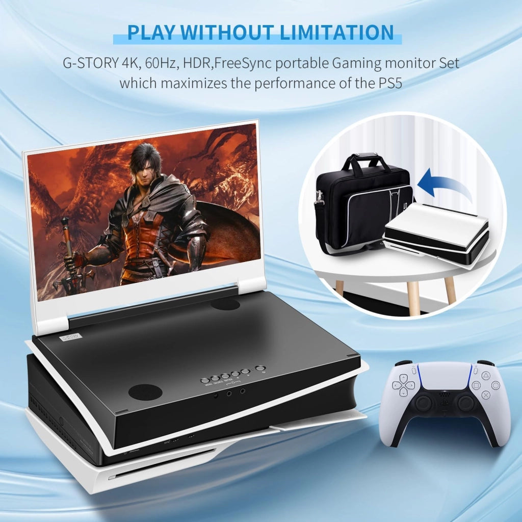 Monitor portatile da gioco da 14" IPS 4k 60Hz integrato con PS5 Slim (non incluso) 3840×2160 con 2 porte HDMI, FreeSync, 2 altoparlanti stereo multimediali integrati