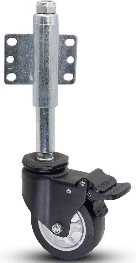 Carrello per Porta con Carico a Spring, 10 cm con Freno, Alloggiamento Metallico, Piastrina di Montaggio Laterale, Capacità di Carico 45 Kg.