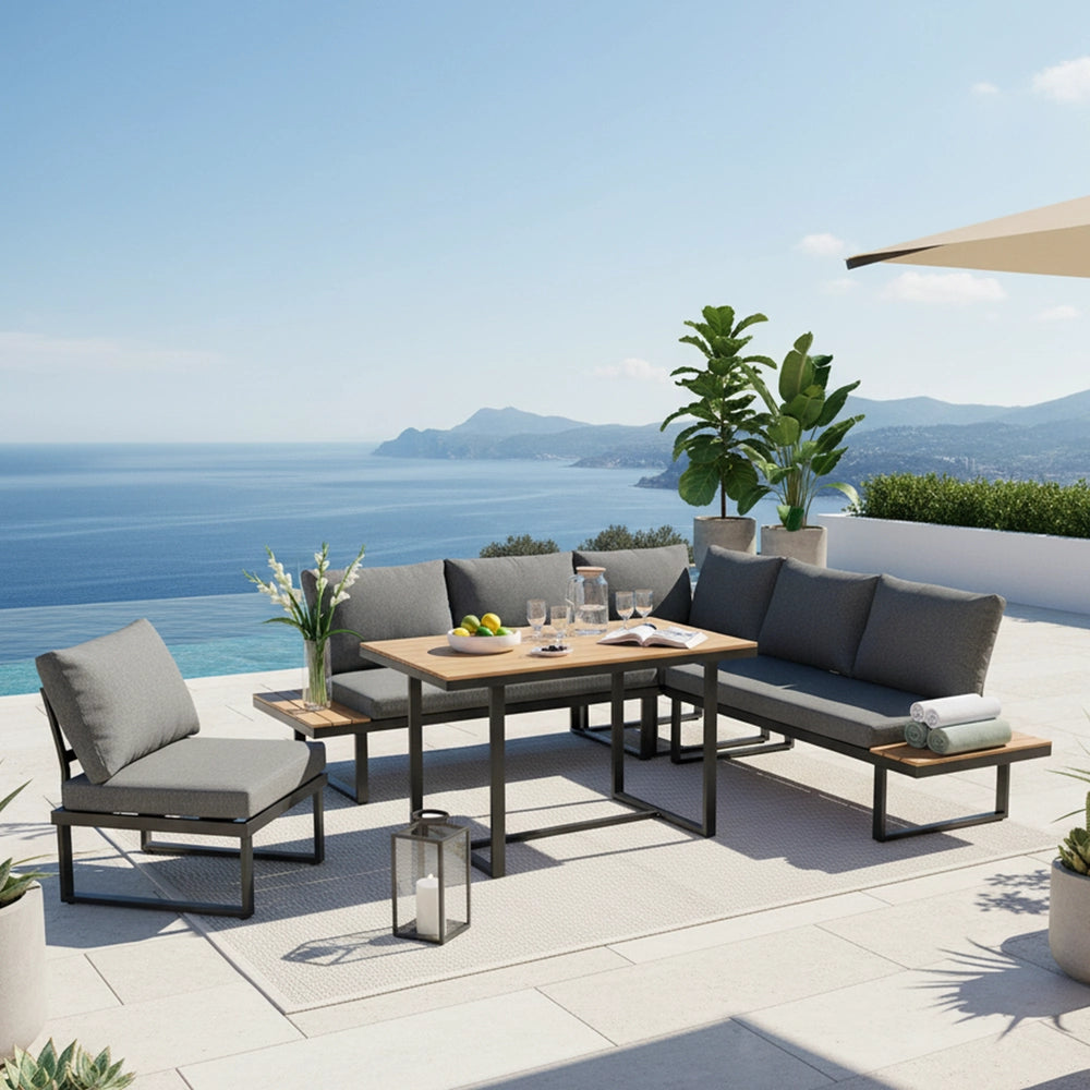 Set da Giardino con Tavolo e Sedie ad Angolo ¨C Xylo ¨C Grigio/Nero, Acciaio/Polyrattan