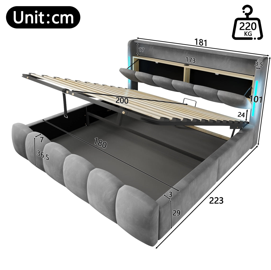 Letto contenitore 180x200 cm in velluto con LED, USB e testiera con vano