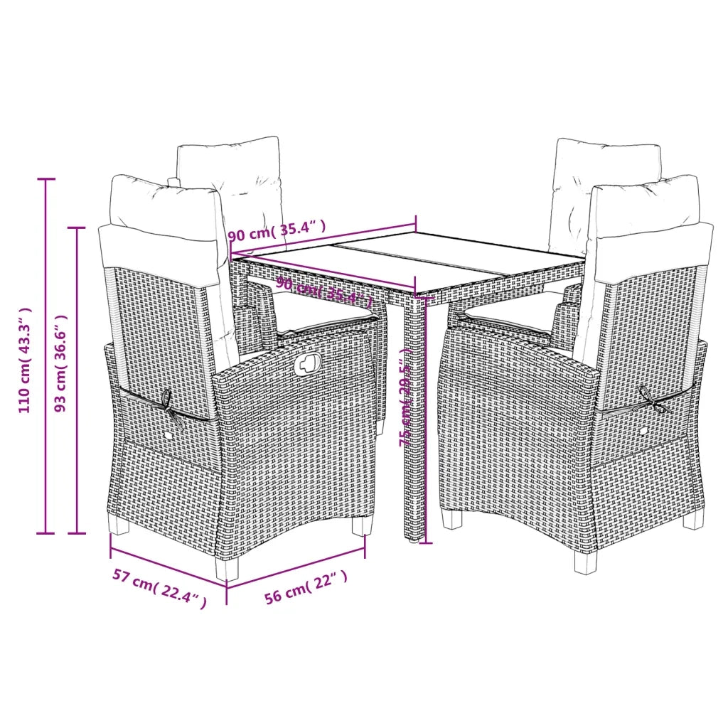 Set da Pranzo da Giardino 5 pz Nero con Cuscini in Polyrattan