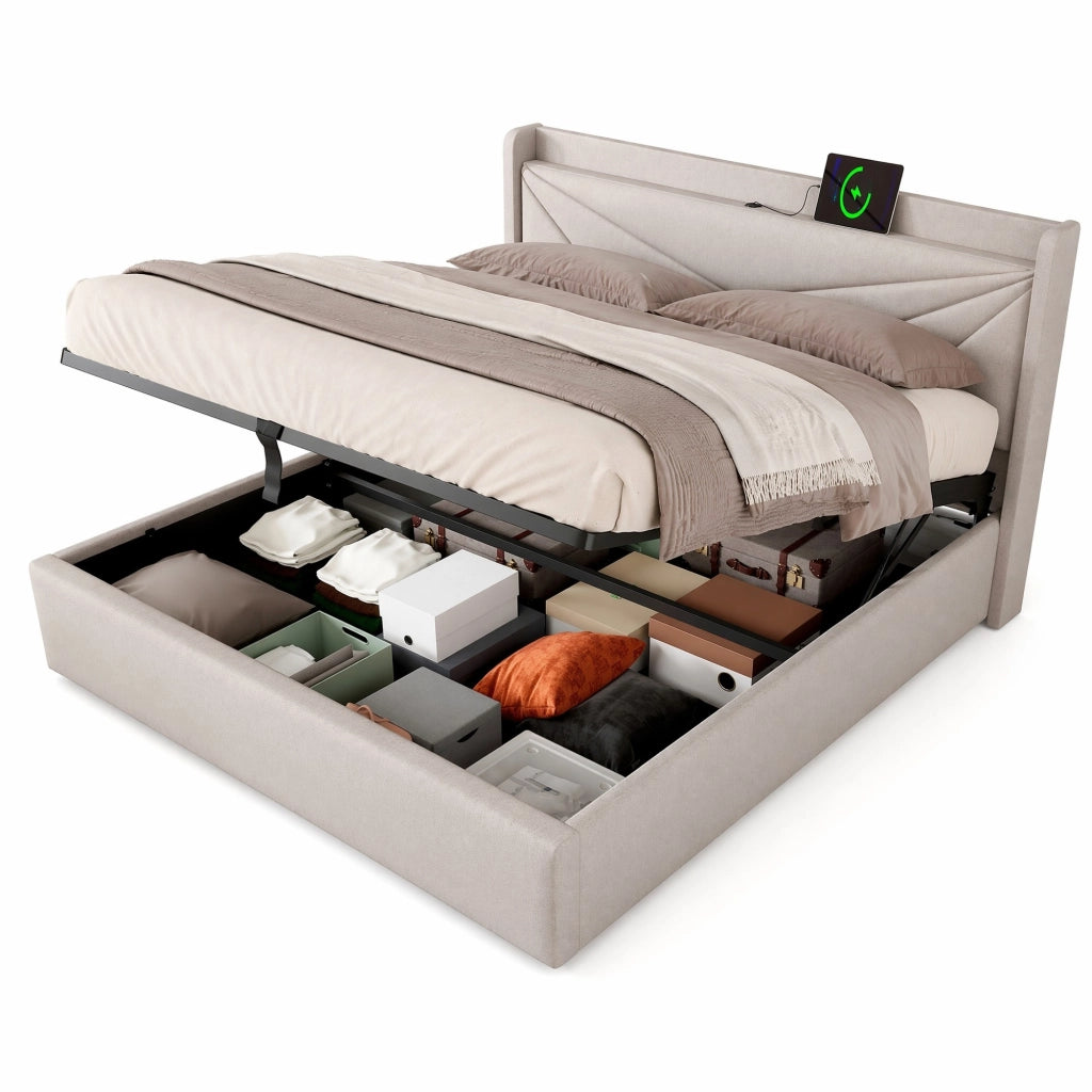 Letto matrimoniale contenitore 160x200 cm in cotone e lino beige con USB e Tipo C