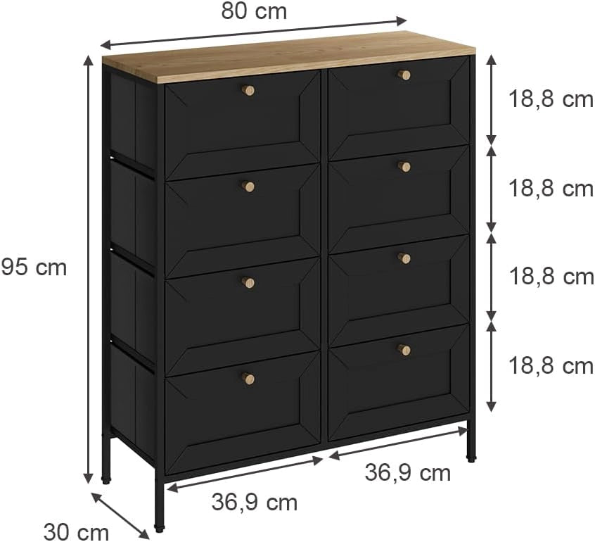 Cassettiera Belaro, Nero, 80 x 95 cm con 8 cassetti, per riporre abiti e oggetti di uso quotidiano