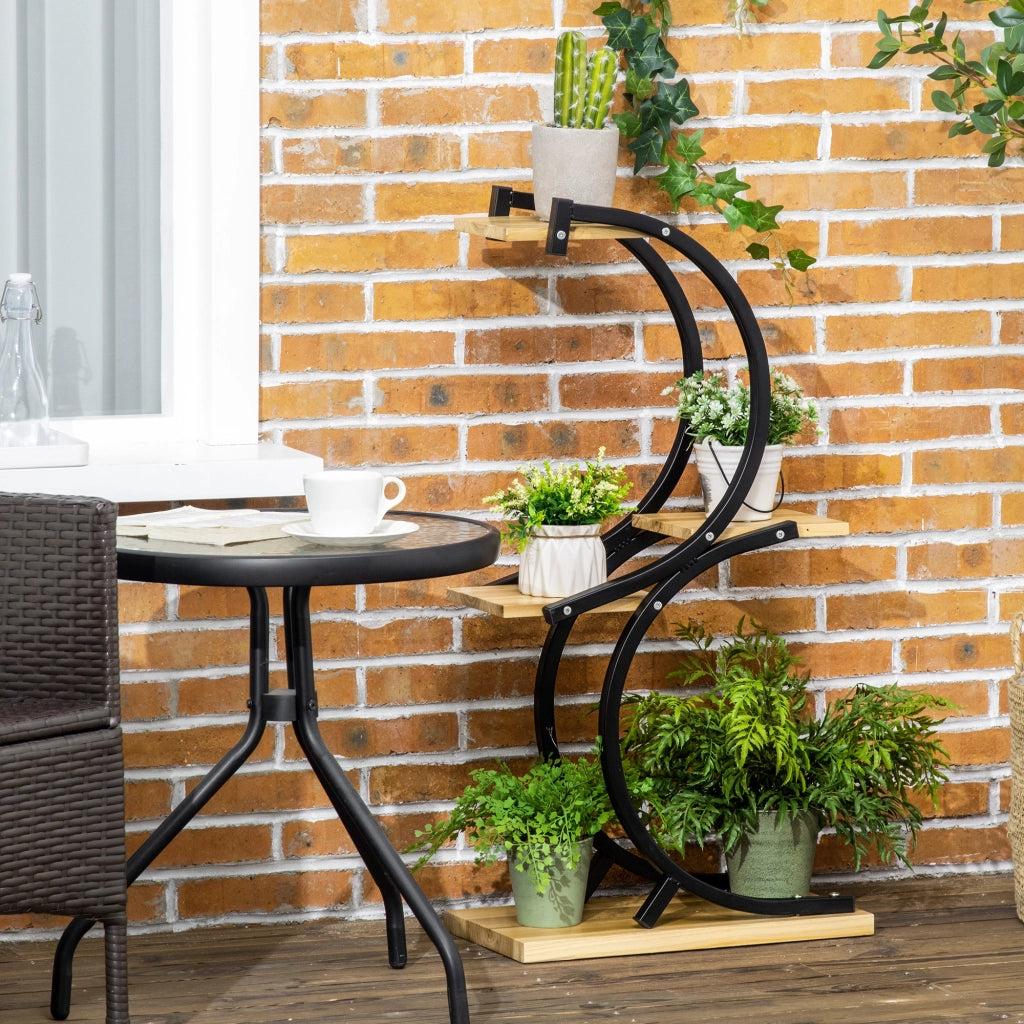 Portapiante a 4 ripiani in massello ¨C Minimal ¨C 46x25x91 cm, Nero + Naturale