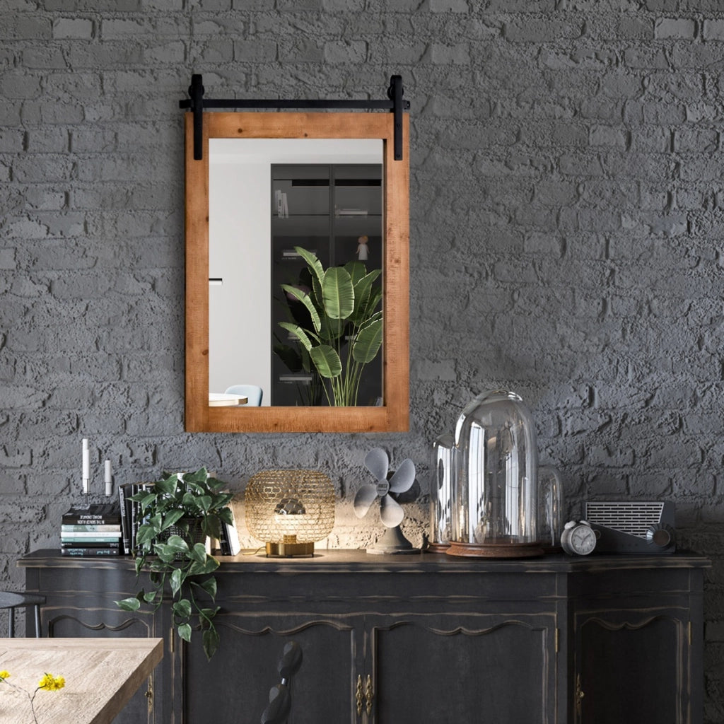 Specchio a parete farmhouse 76,5x56cm-Specchio a muro rettangolare con cornice in legno staffa in metallo Marrone