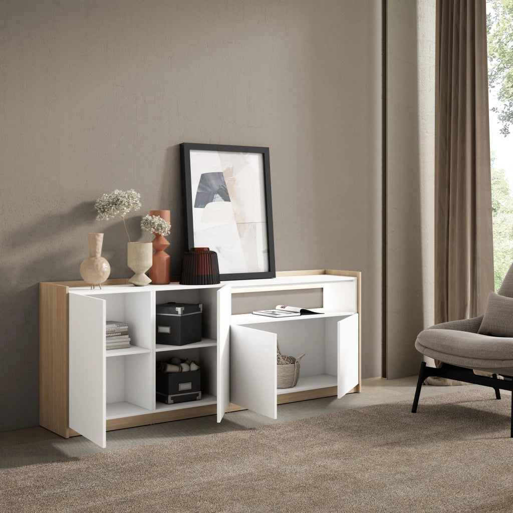 Credenza, Mobile, Cucina, 207x80x37 cm, 4 Porte, LED, Bianco e Rovere soft