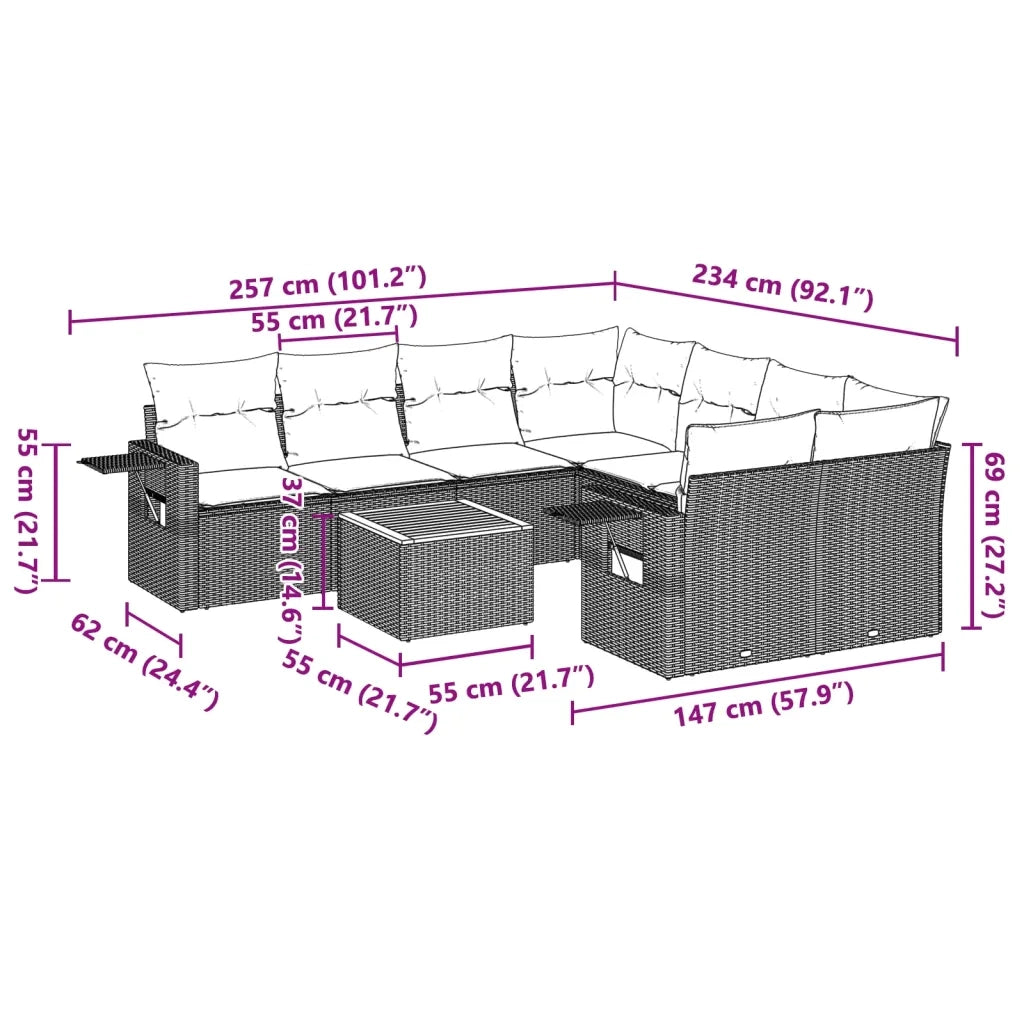 Set Divano da Giardino 9 pz con Cuscini Grigio in Polyrattan