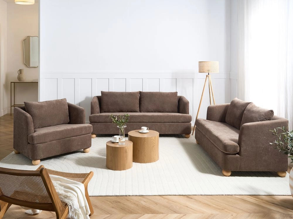 Set da salotto a 6 posti con rivestimento in ciniglia braccioli e gambe rotonde in legno set composto da divano e poltrona salotto marrone