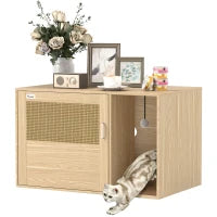 Mobile Lettiera 2-in-1 con Porta in Rattan e Tappetino, 80x50x50 cm, Rovere