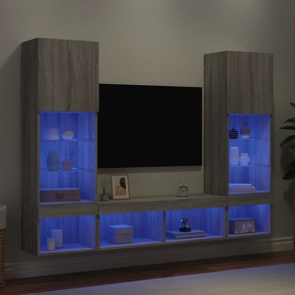 Mobili TV a Muro con LED 5pz Grigio Sonoma in Legno Multistrato 3216695