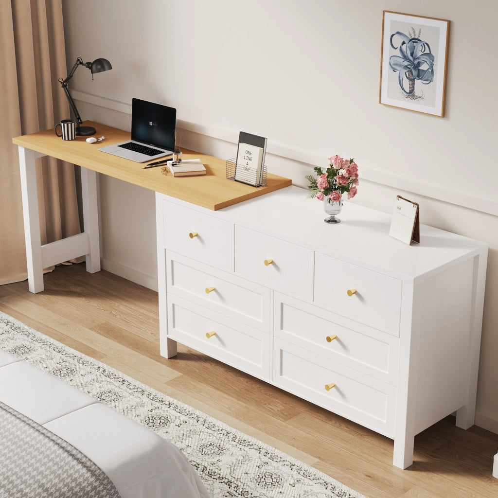 Scrivania girevole 120x40x70 cm con 7 cassetti; piano 360° in truciolare bianco e naturale