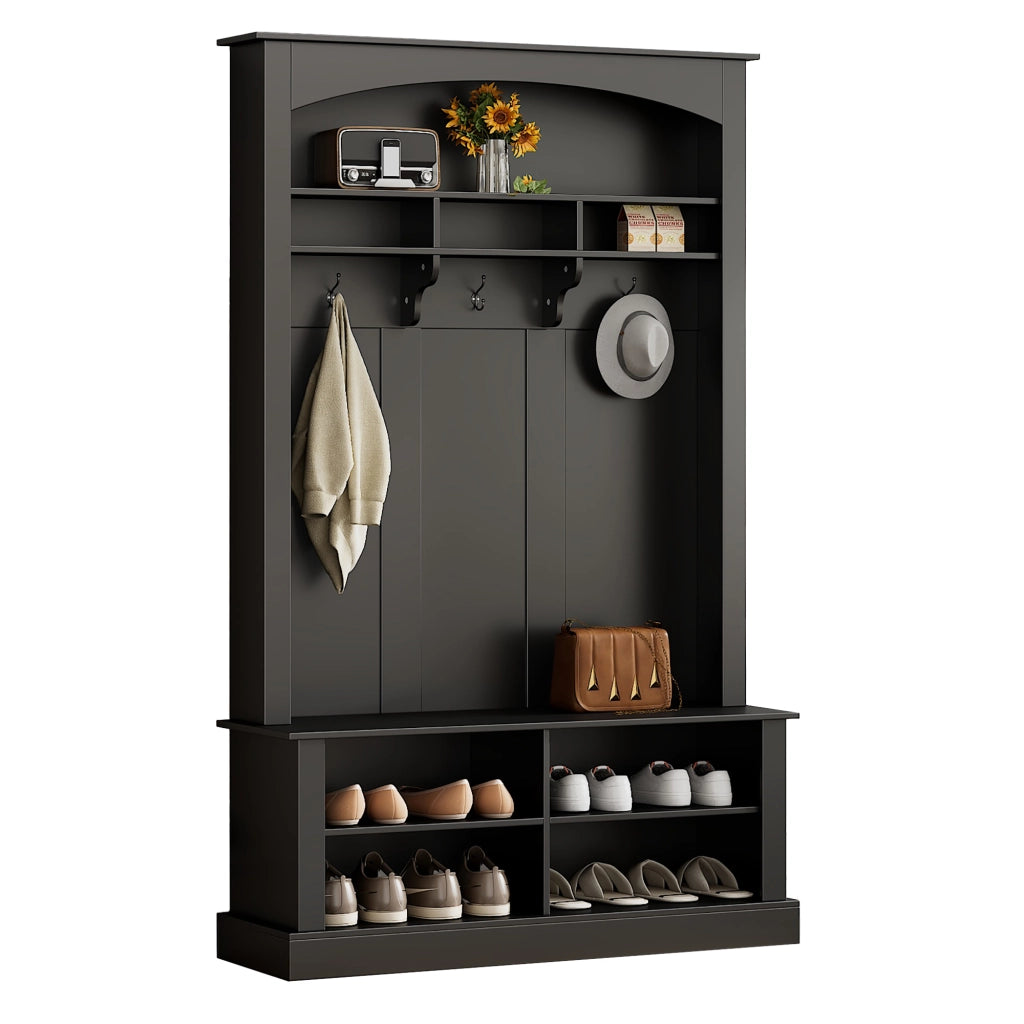 OKWISH Mobile da ingresso con panca, 3 ganci, 4 ripiani aperti e 2 ripiani regolabili, nero, 120×40×190 cm