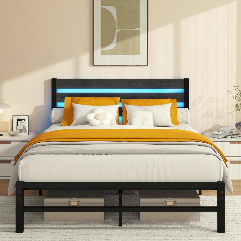 LETTO Matrimoniale 140x200 cm in MDF e Metallo Nero con LED