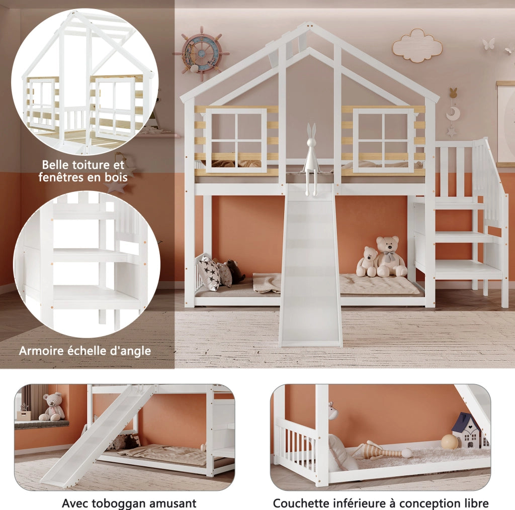 Letto a castello per bambini 90x200 cm con scivolo, bianco
