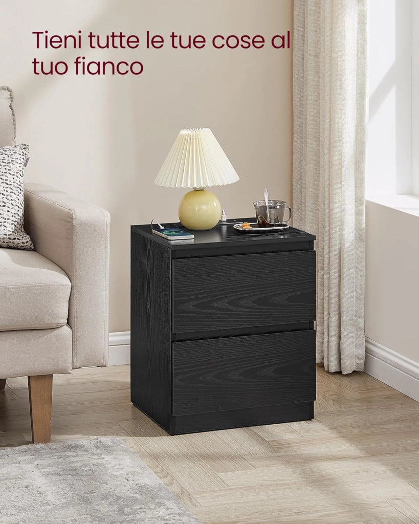 VASAGLE KAILYN Collezione - Comodini con Ciabatta Elettrica, Set di 2 Tavolini, 2 Cassetti, 2 Prese AC, 2 Porte USB-A, Soggiorno Camera da Letto, Moderno, Nero Ebano LET821B02