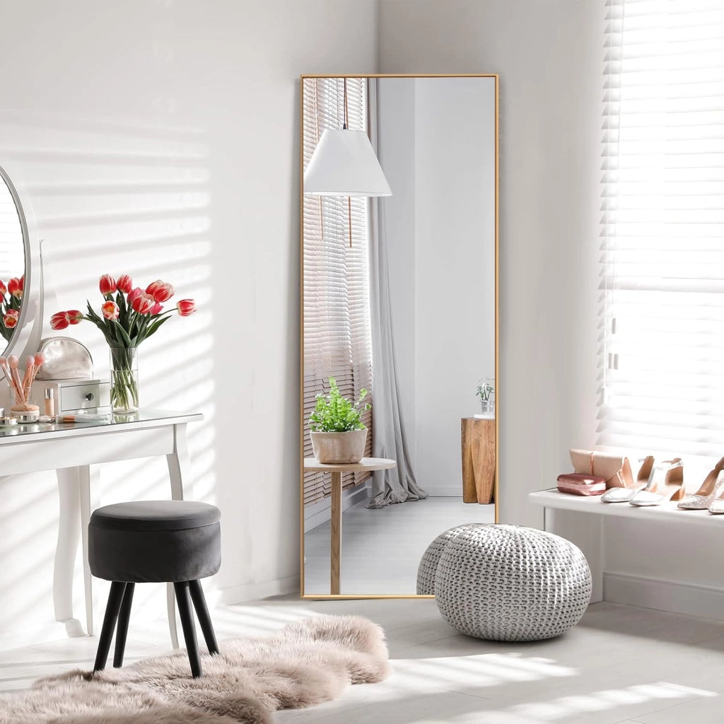 2 in 1 Specchio Lungo da Parete, Specchio a Figura Intera con Telaio Rettangolare in Alluminio e Vetro Antiesplosione, Specchio da Terra per Ingresso Bagno, 56 x150 cm (Oro)