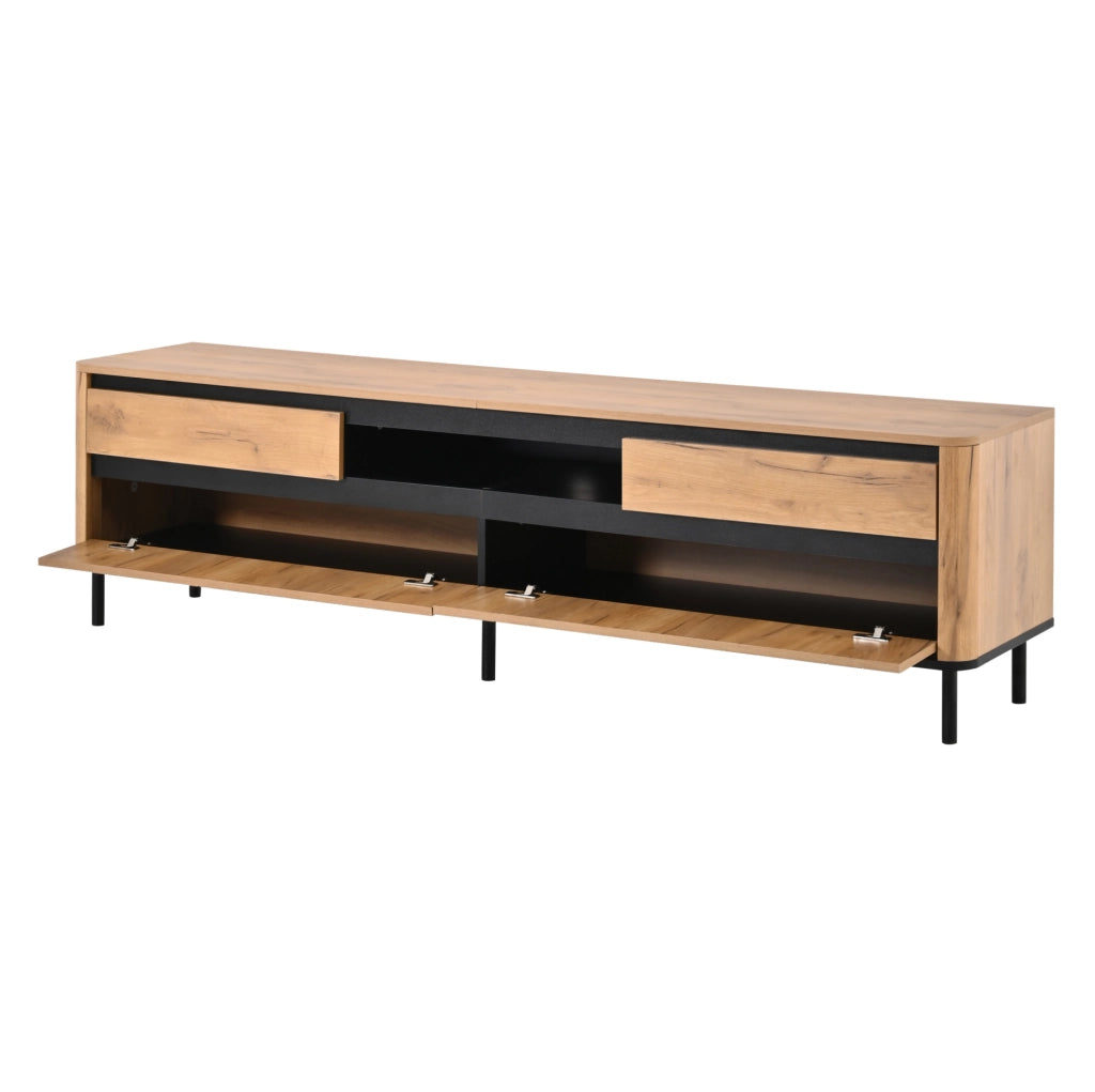 Mobile TV 180x40x52 cm con 2 cassetti; 2 ante a ribalta; MDF; nero e naturale