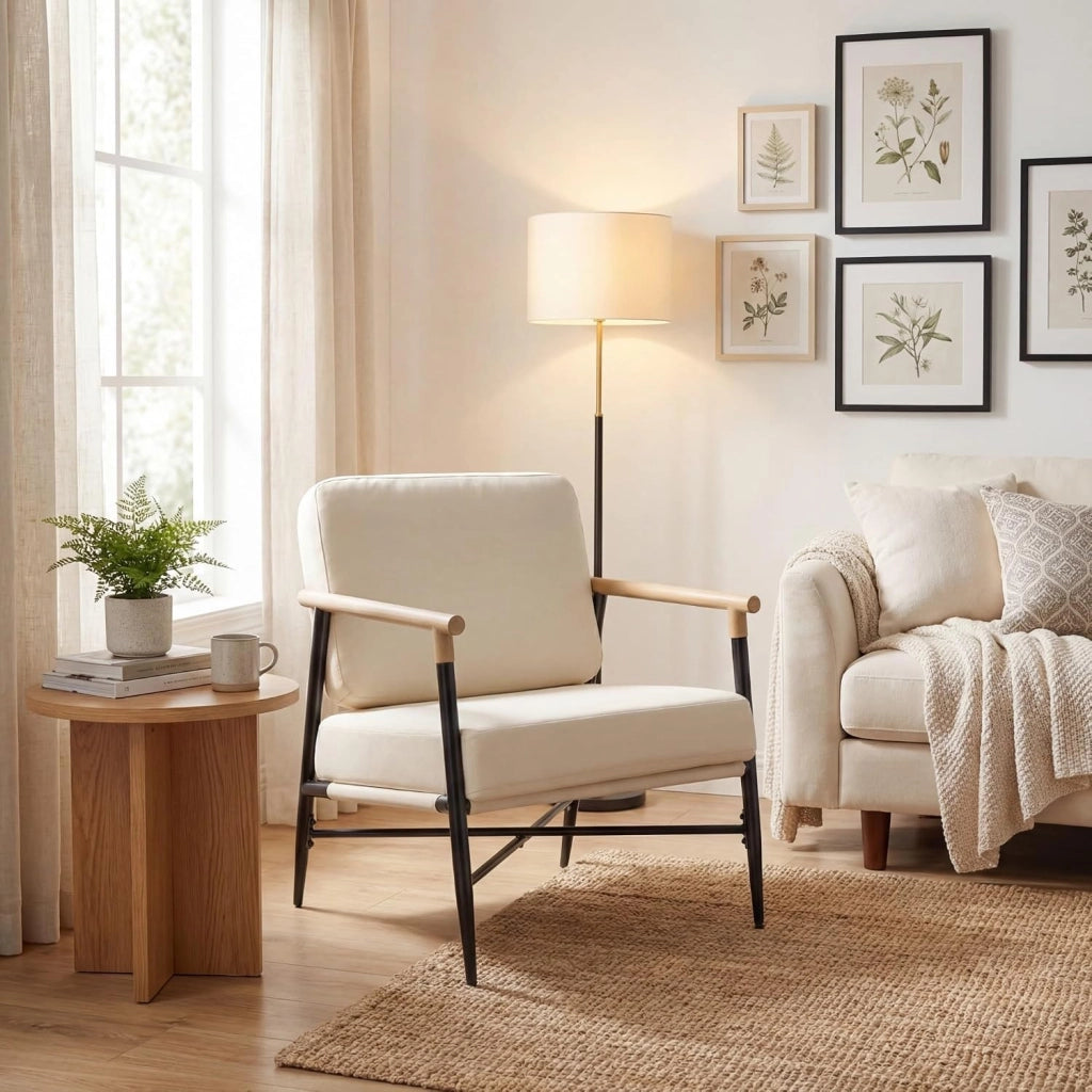 Poltrona Salotto Imbottita, Sedia da Lettura, Relax, Poltroncina con Braccioli, Schienale e Cuscini, per Soggiorno, Camera da Letto, Sala Attesa, Moderno e Comodo, 67 X 73 X 88 CM (Beige)