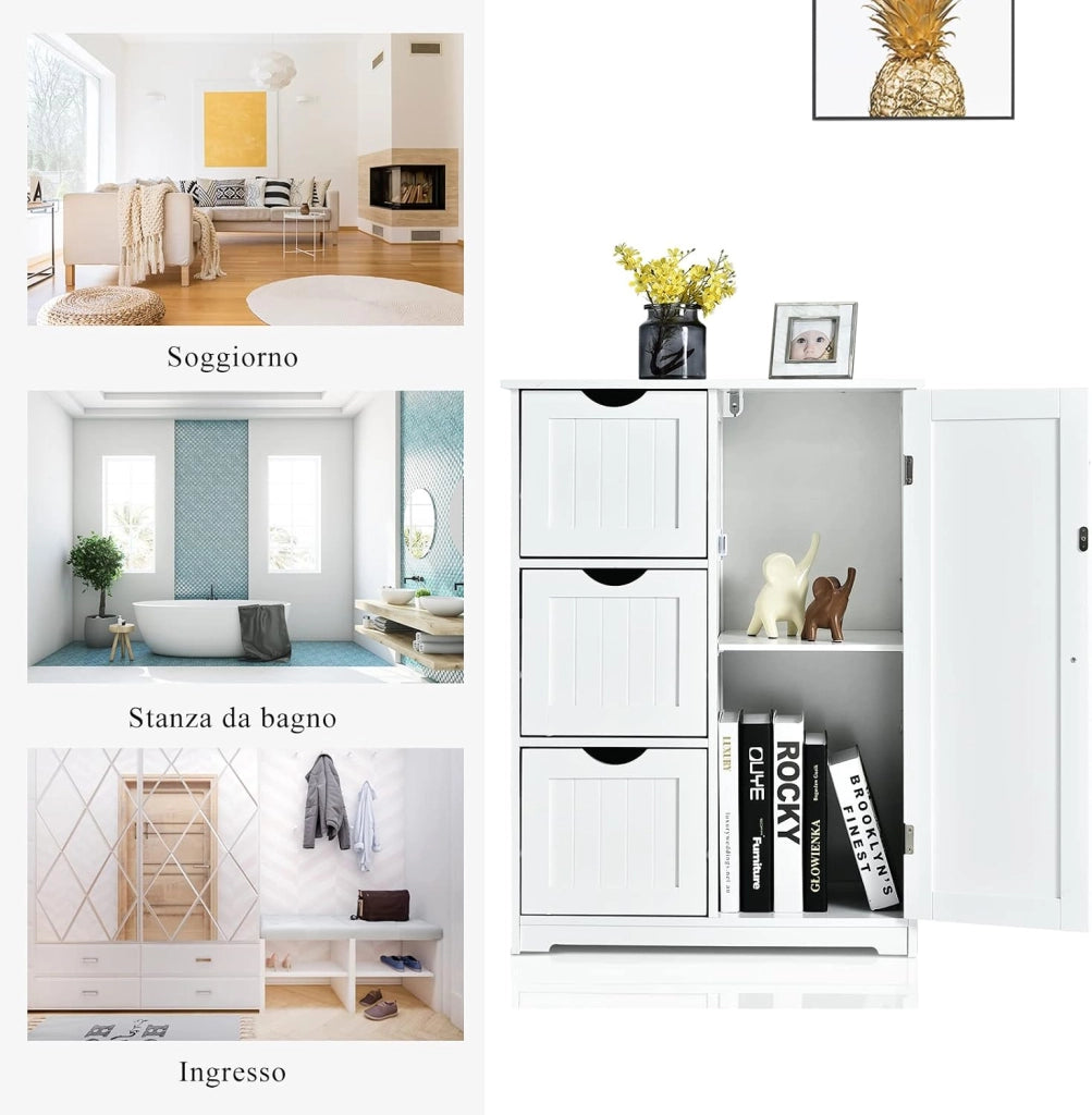 Mobile Bagno, Armadietto Salvaspazio e Multiuso con 3 Cassetti, Ante e Ripiano Regolabile, Mobiletto in Legno per Soggiorno, Camera da Letto, Salotto, Cucina, 60x 30x 81cm (Bianco)