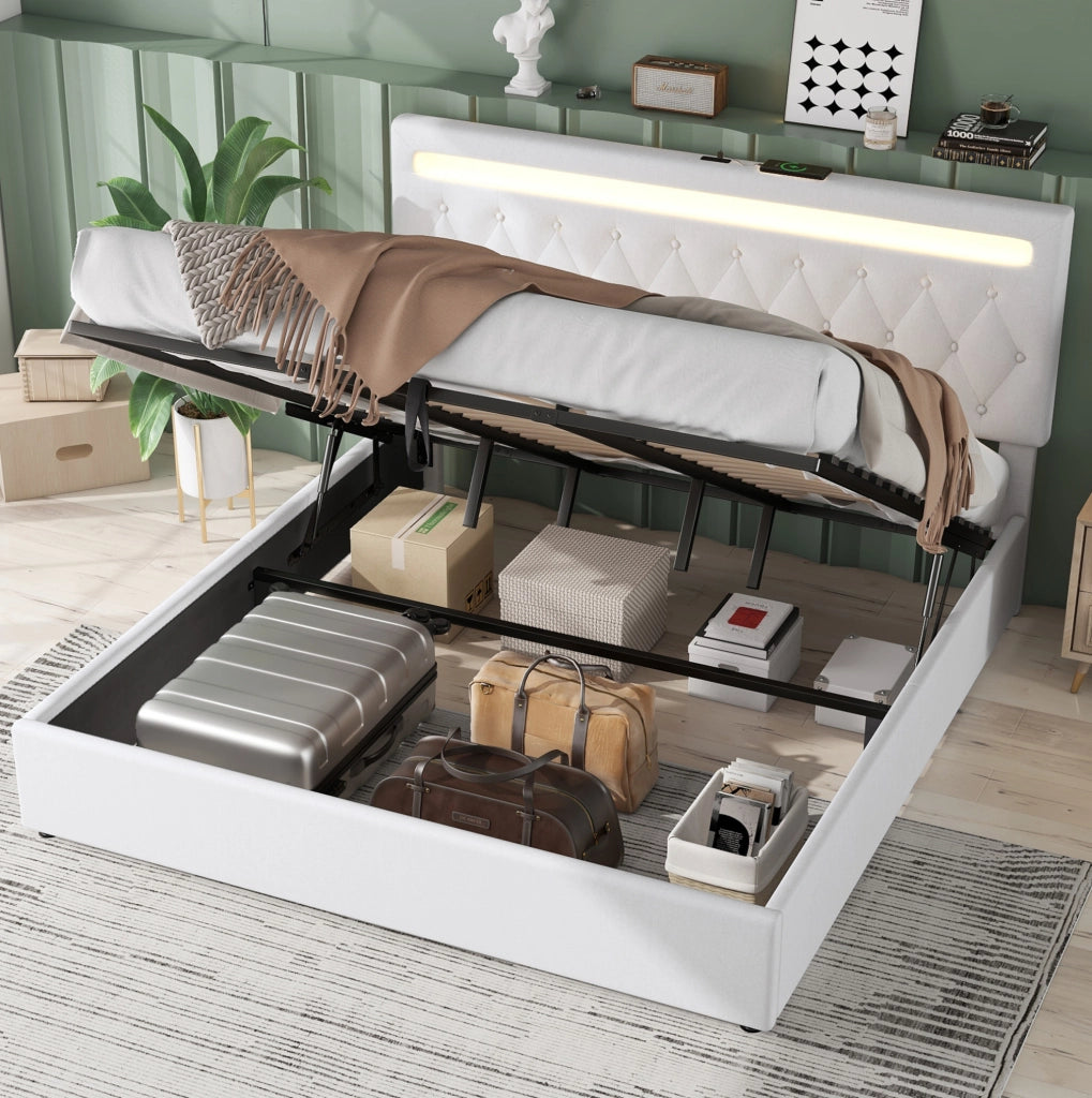 Letto imbottito 180 x 200 cm con sollevamento idraulico e luce LED