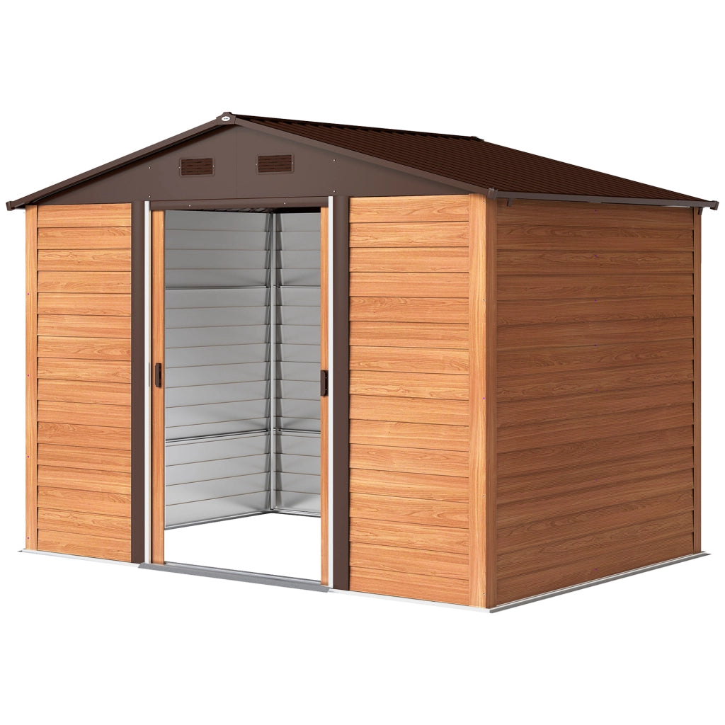 Casetta da Giardino in Acciaio Effetto Legno e Doppie Porte Scorrevoli, 278x195x215 cm, Marrone