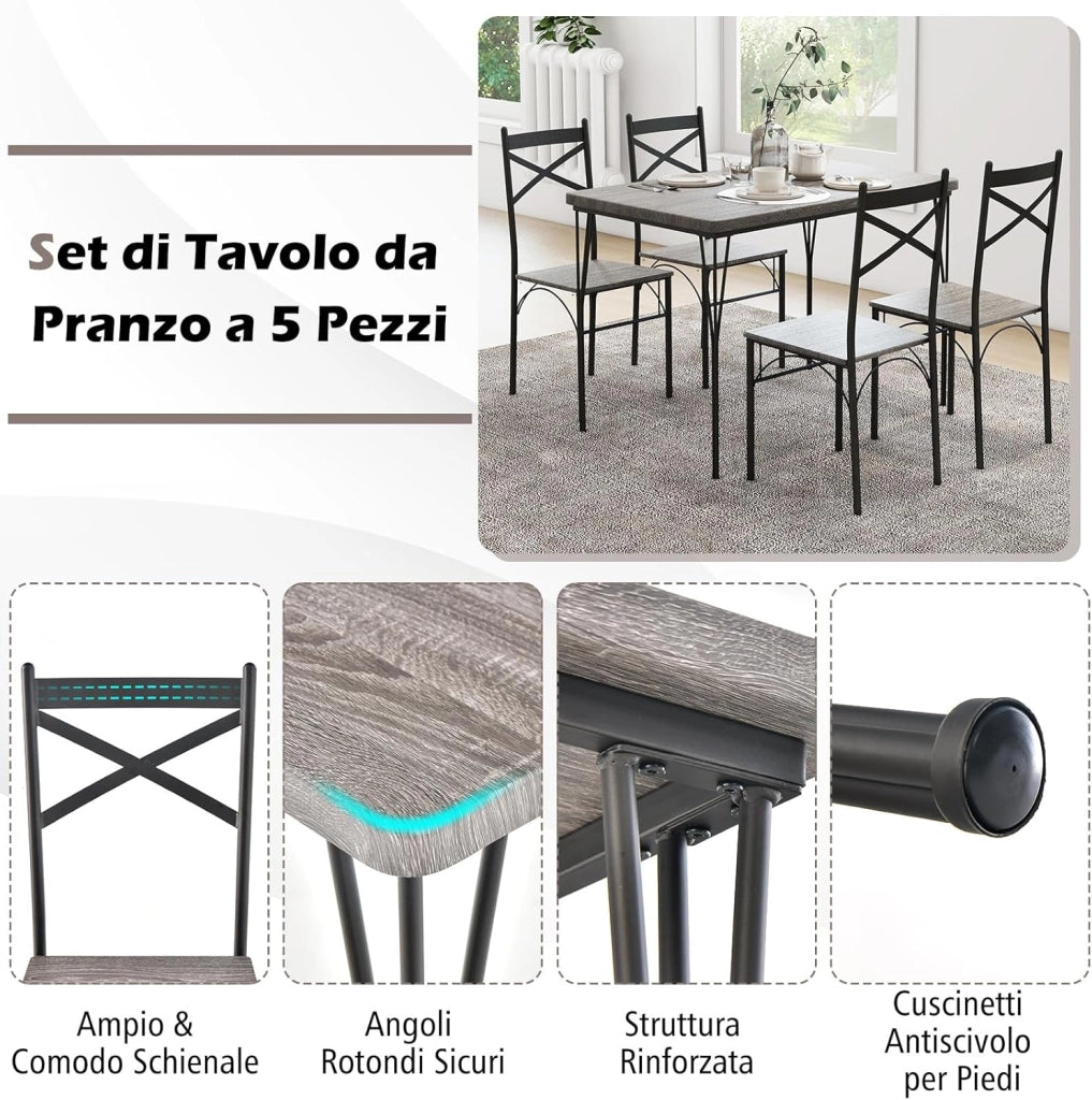 Set da Tavolo da Pranzo 5 Pezzi, Tavolo da Pranzo con 4 Sedie in Metallo, Set di Mobili da Cucina, Set da Pranzo per Cucina, Sala da Pranzo