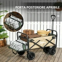 Carrello da Giardino 110L con Maniglia Telescopica e Fondo Apribile in Acciaio e Tessuto Oxford, Cachi