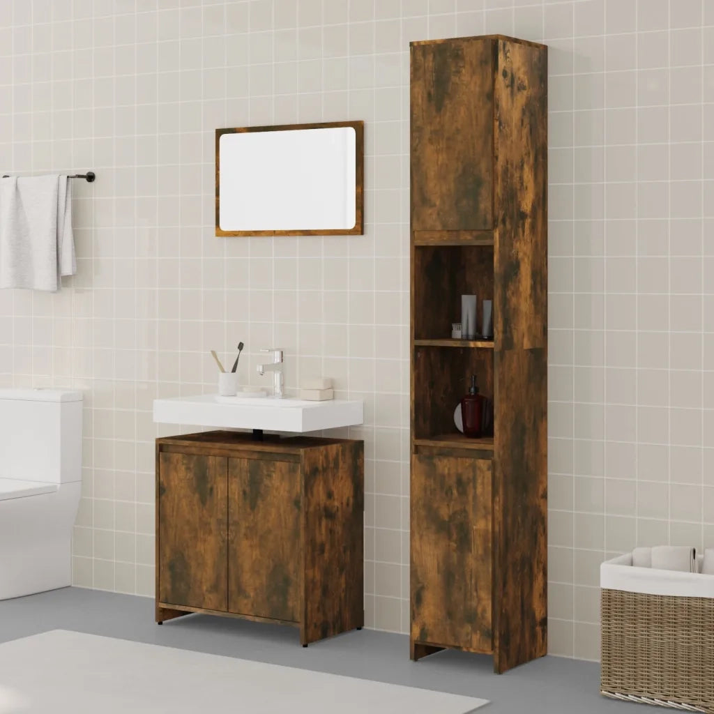 Set Mobili da Bagno | Armadio da bagno 3 pz Rovere Fumo in Legno Multistrato