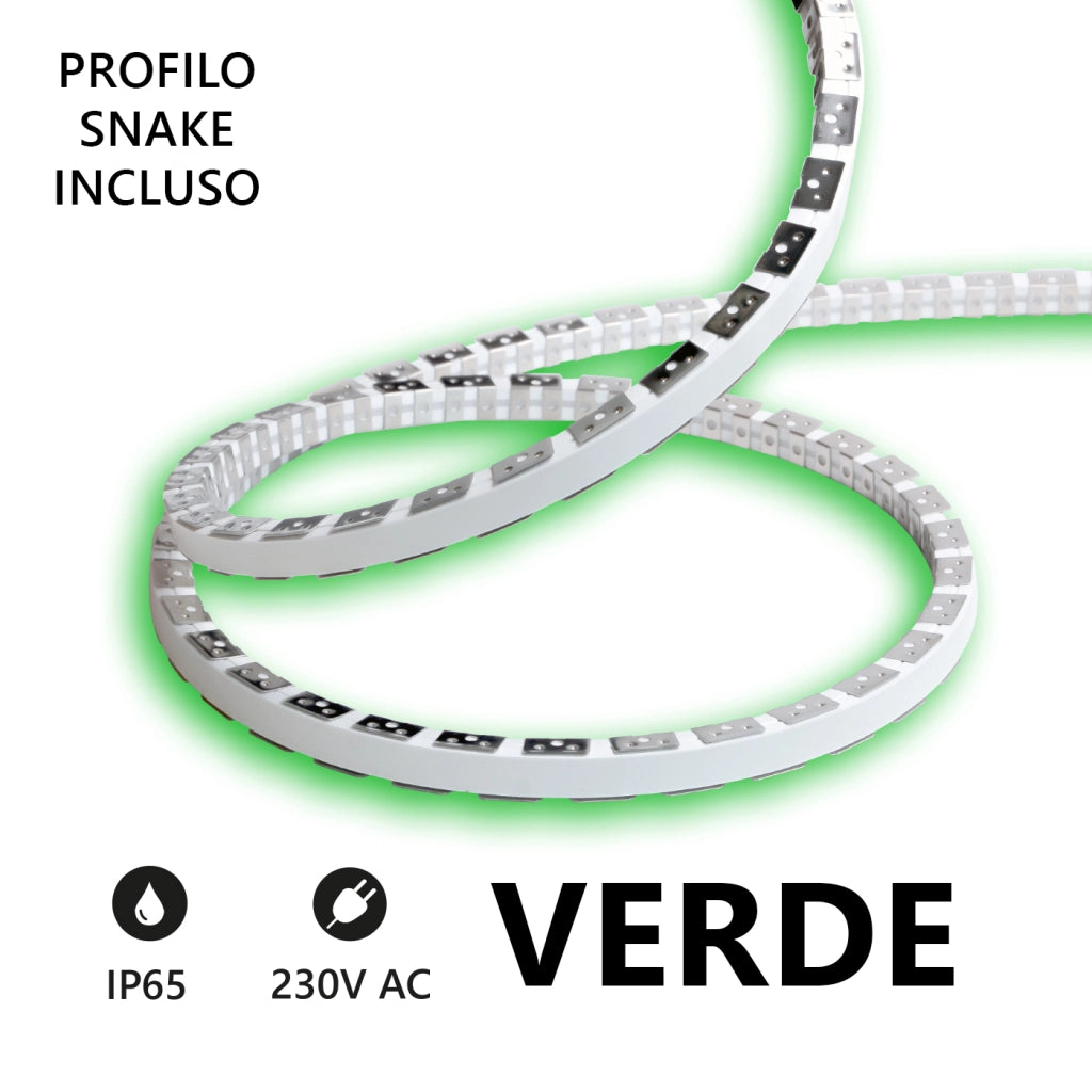 Alcapower Striscia LED Snake Flex 20m 230V 12W/m Verde IP65 in Silicone Professionale ad alta efficienza energetica con fattore di sfasamento 0.9