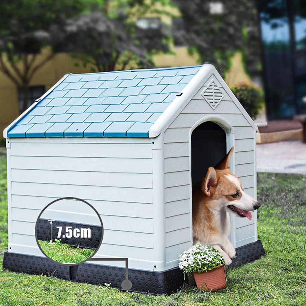 Cuccia per Cani da Esterno Impermeabile, Canile Villa per Cani in PP Resina, Bianco/Blu (69 x 64 x 71 cm)