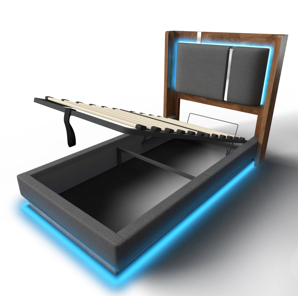 Letto imbottito 90x200 con LED, vano contenitore e rete a doghe