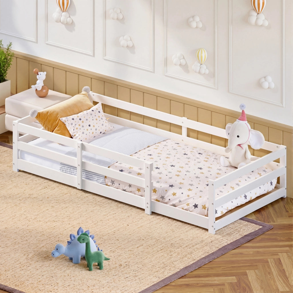 Letto per bambini Montessori 90 × 200 cm con barriera di sicurezza, rete inclusa, senza materasso, in pino, bianco