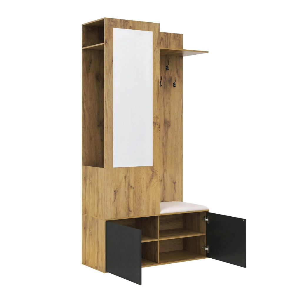 Mobile Ingresso con 5 Ganci; Specchio; 2 Scarpiere e Panca; Stile Moderno; in MDF; Nero e Naturale; 100??38??191 cm