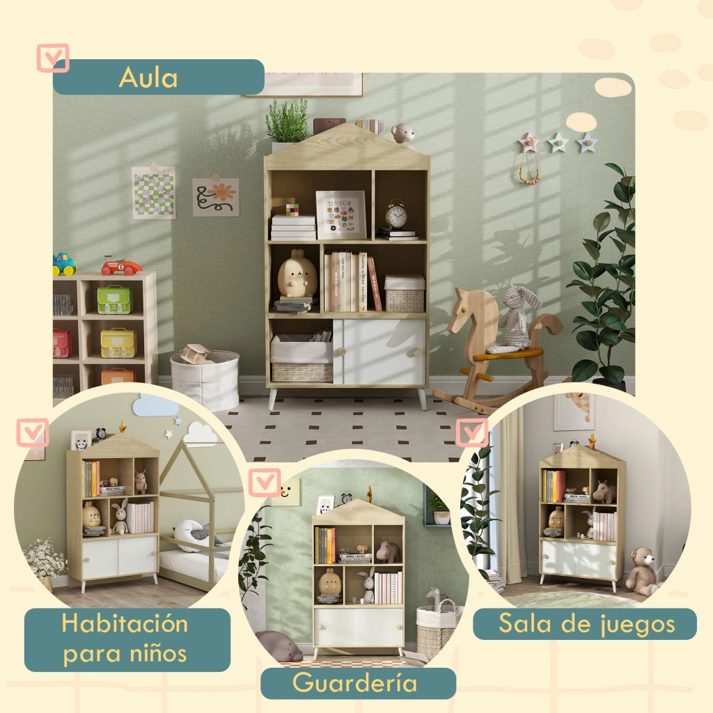Libreria Bambini con Armadio ¨C Zephmum ¨C Bianco e Naturale 80x30x140.5 cm