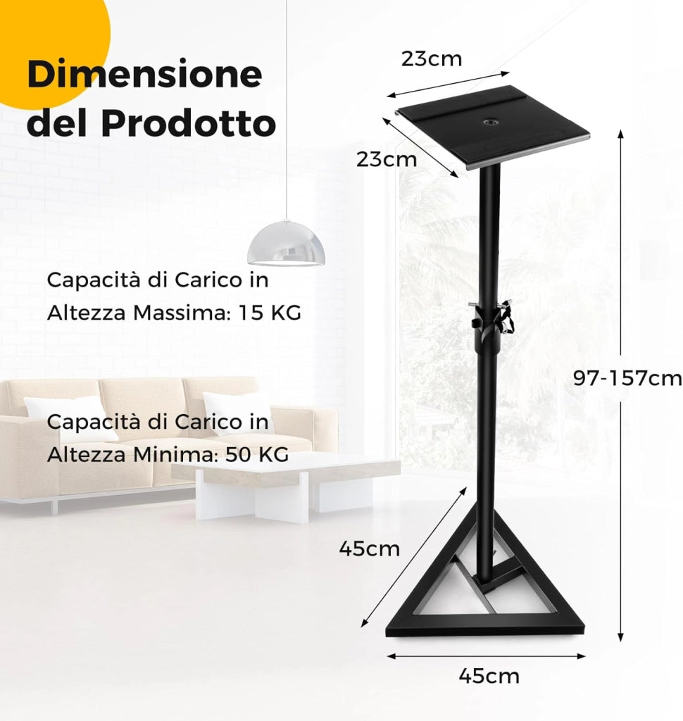 Supporti Regolabili in Metallo per Altoparlante da Terra, 2 Supporti per Casse con Base Triangolare Stabile, Adesivi Antiscivolo, Altezza Regolabile da 97-157 cm