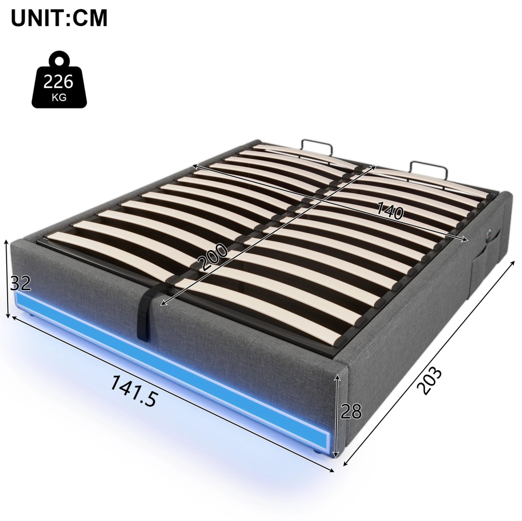 Letto matrimoniale imbottito 140x200 cm in lino grigio con LED; USB e contenitore idraulico