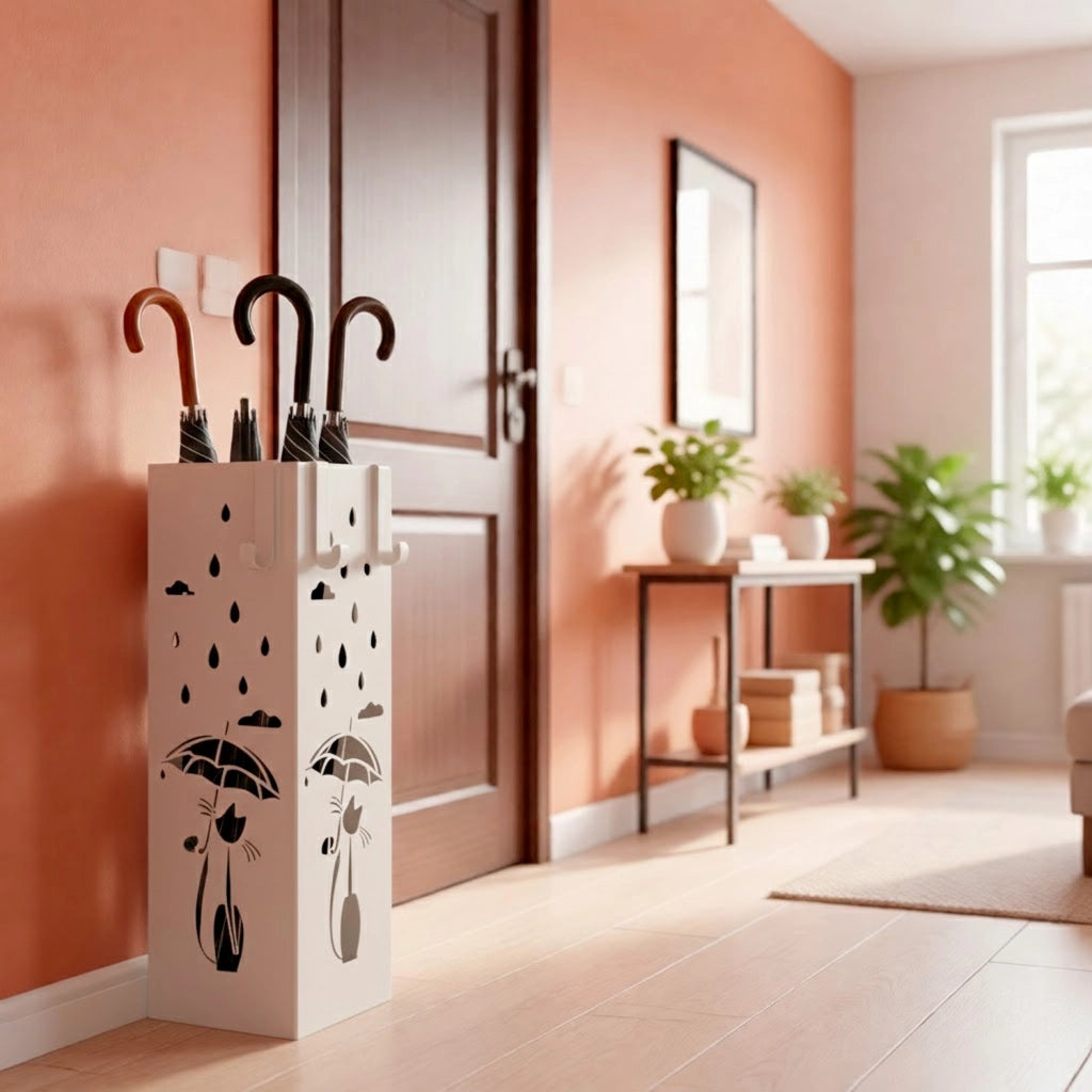 Portaombrelli Quadrato In Metallo Con Intaglio Gatto Vaschetta Scolapioggia Removibile Due Ganci Laterali Base Antiscivolo Design Moderno Per Casa E Ufficio 49 X 15.5 X 15.5 Cm Bianco