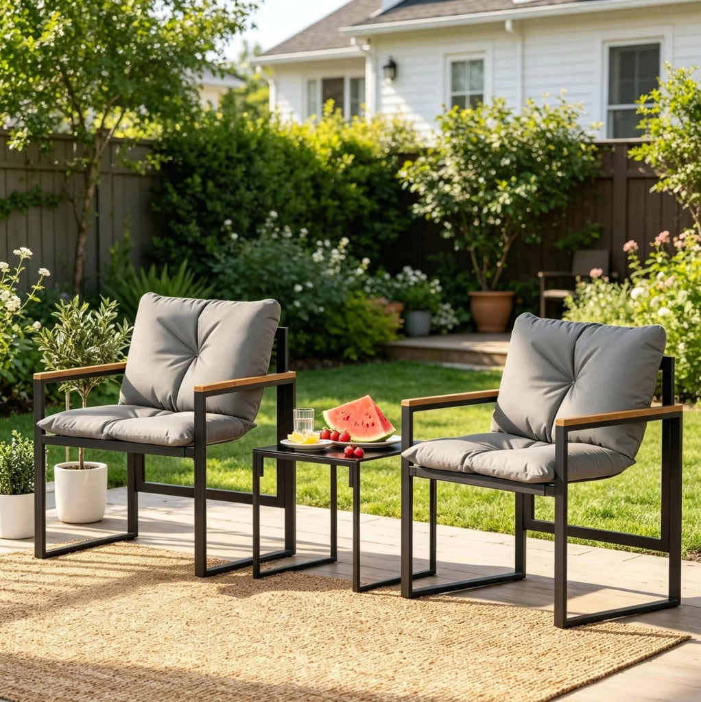 Set da giardino 3 pezzi con 2 sedie e tavolino in metallo nero e grigio; 64x62x68 cm
