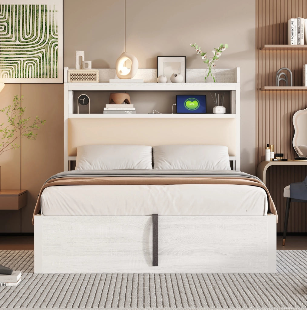 Letto 90x200 cm con contenitore idraulico e USB; testiera con vano in metallo; legno e tessuto bianco