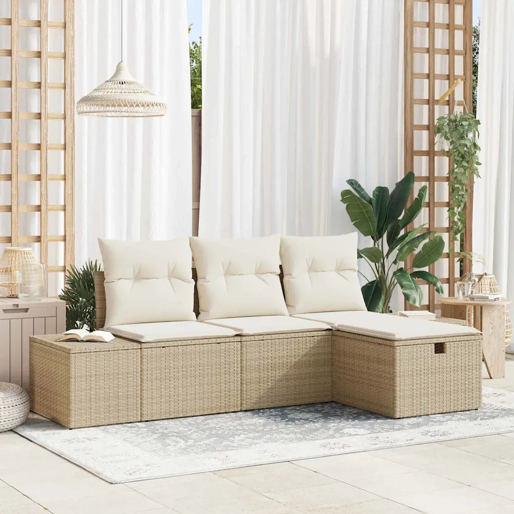 Set Divano da Giardino con cuscino 4 pcs Beige Poly Rattan