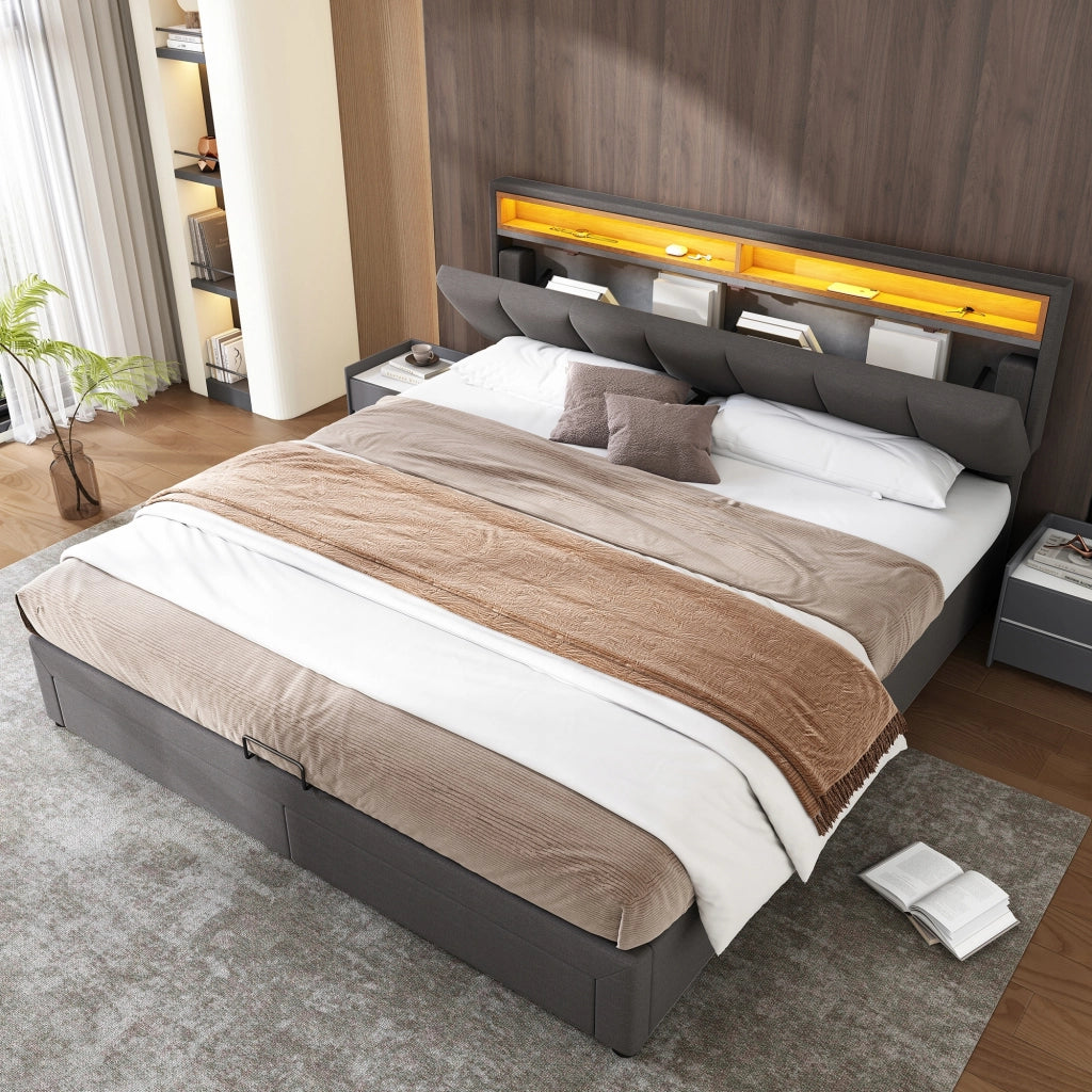 Letto 160x200cm - Xylo - Grigio, LED, Contenitore, Telaio in Acciaio