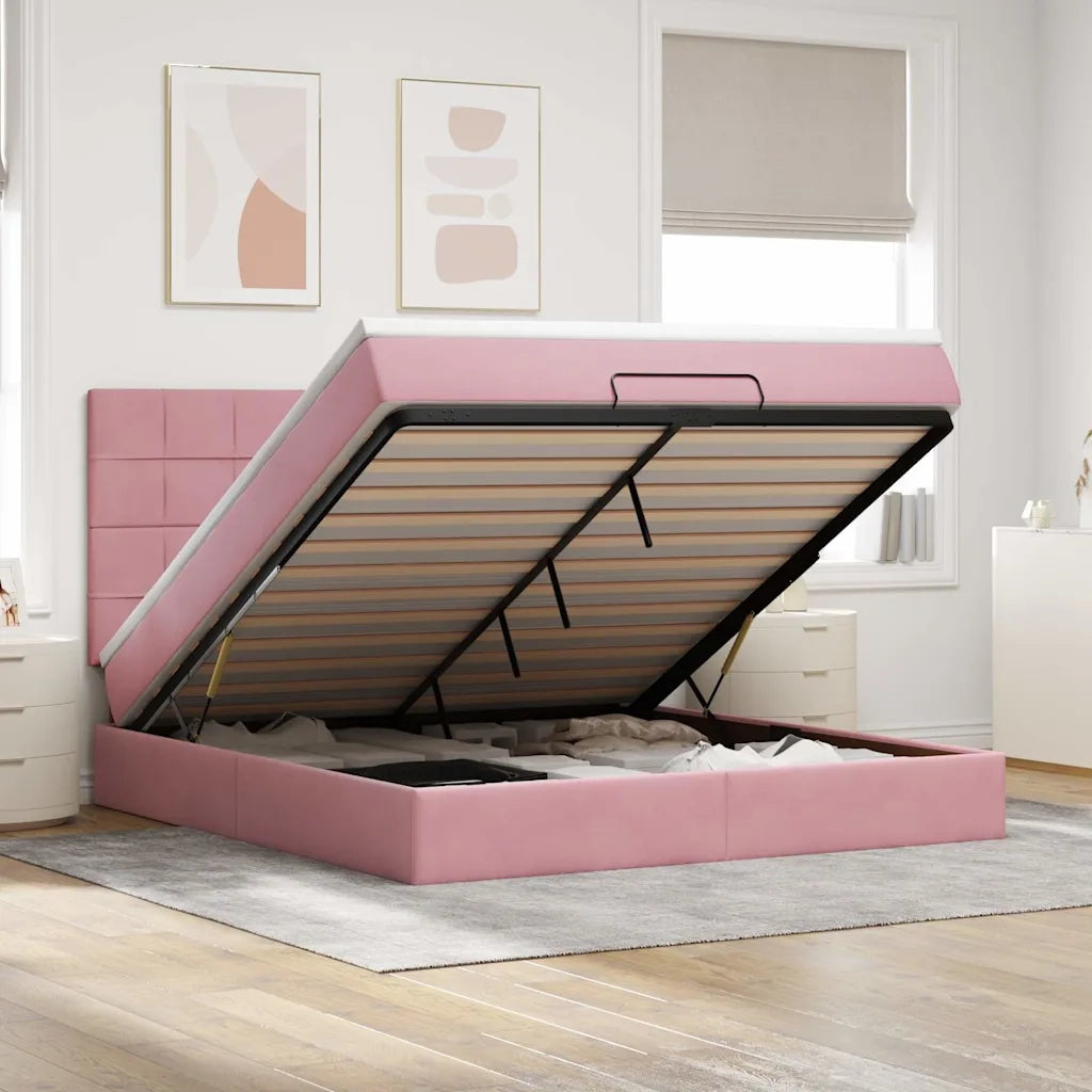 Struttura Letto Pouf con Materassi Rosa 160x200 cm Velluto