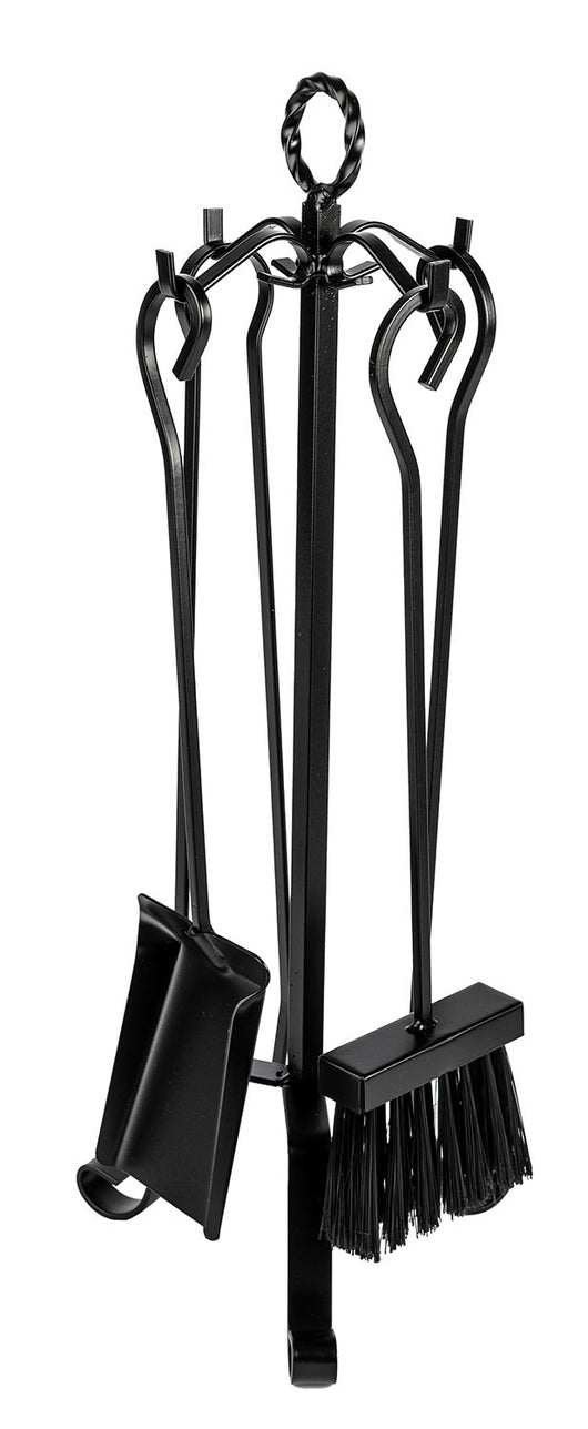 Trespolo per Attrezzi Camino Modello Basic Anello con Paletta Scopino Attizzino e Pinza 20x20x55 cm in Ferro Verniciato