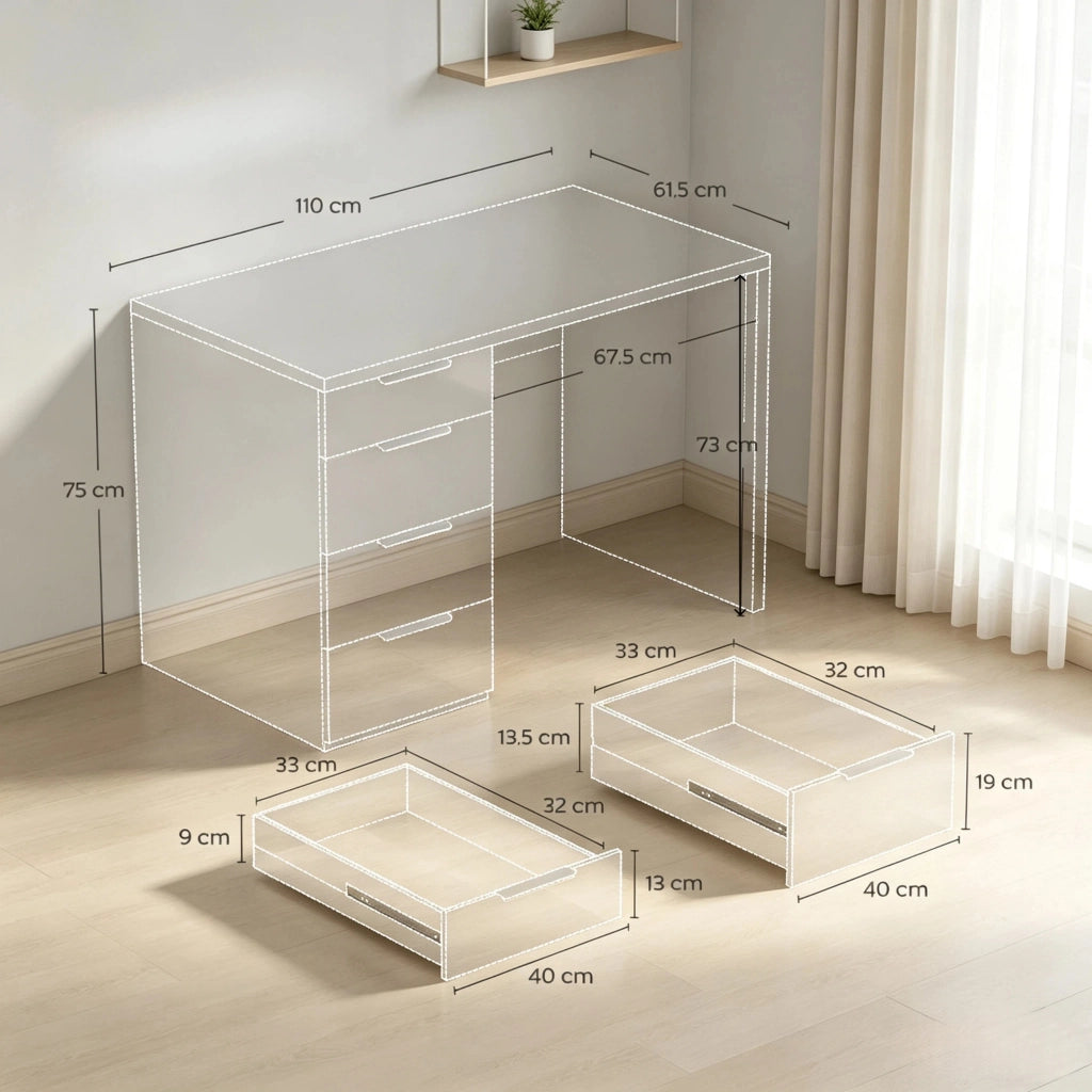 Scrivania dritta con 4 cassetti in pannello truciolare bianco lucido per ufficio e studio 110 × 61.5 × 75 cm
