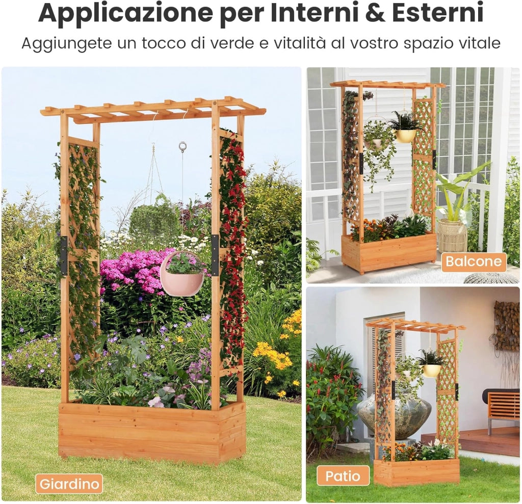 Aiuola Rialzata con Traliccio, Pergolato e Fori di Drenaggio, Fioriera Elevata da Esterno in Legno per Piante Rampicanti, Vite e Fiore,110 x 44 x 182 cm (Arancione)