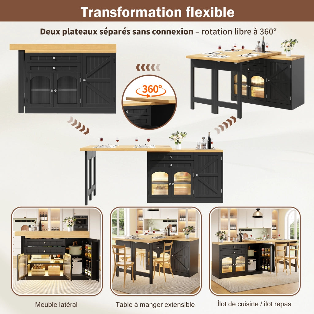 Mobile cucina multifunzionale con piano girevole ed estensibile; 2 cassetti; ante in vetro e ripiani; per sala da pranzo; nero; 120 × 40 × 73.5 cm