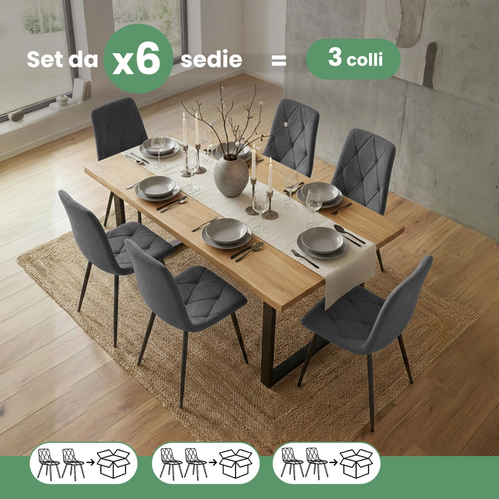 Set di 6 Sedie in velluto trapuntate MILO Grafite Scuro gambe nere
